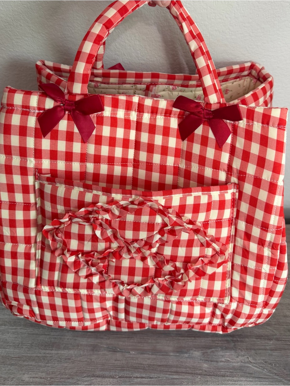 Red Gingham Check Lined Foldable Washable Storage Travel Baby Teacher Bag Tote